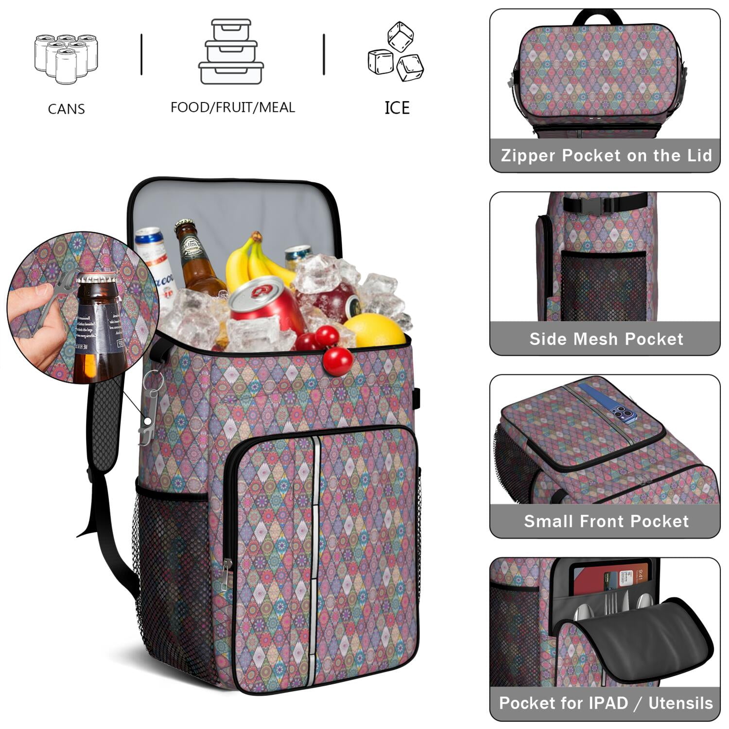 Travel Cooler Bag - Boho Bohemia Flower Camping Beer Cooler Backpack with Bottle Opener- Waterproof Insulated Picnic Backpacks - Cooler Bag for Beach