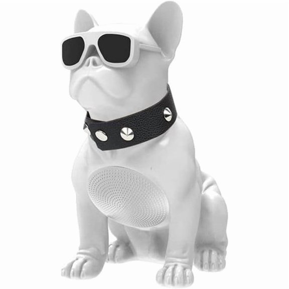 BarkBeat French Bulldog Bluetooth Speaker - Wireless Portable Loud Speaker with Deep Bass, FM Radio, Rechargeable Battery, Stylish Collar - White