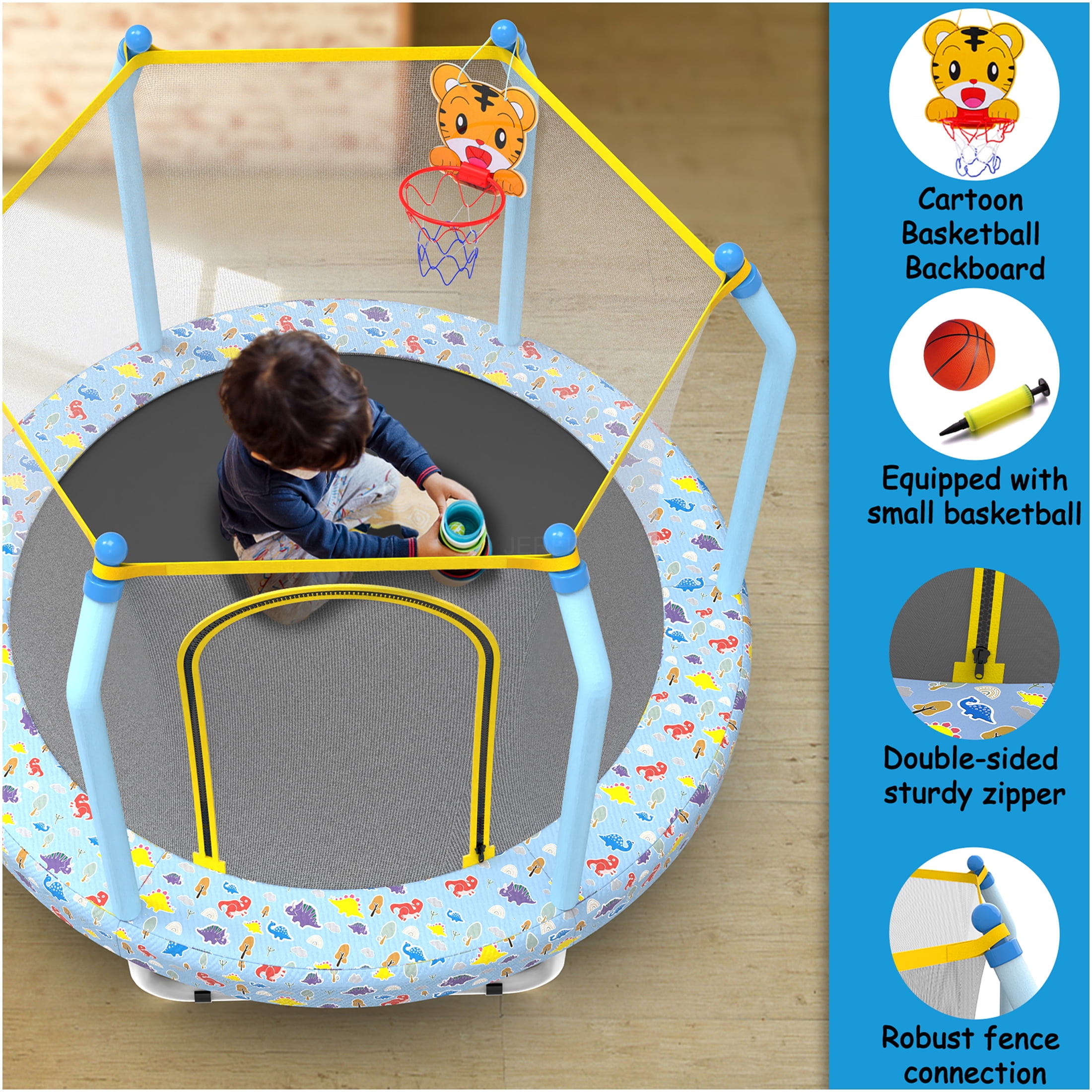 JERFIT 55" Kids Trampoline with Basketball Hoop, ASTM Certified Indoor/Outdoor Jungle Themed Bouncer for Toddlers with Safety Enclosure Net