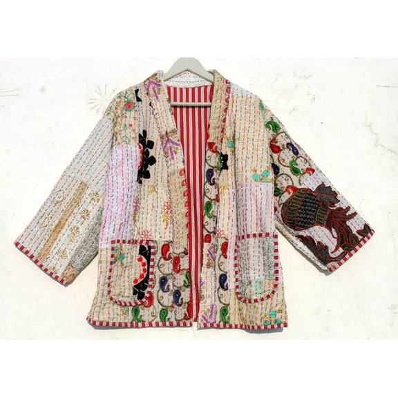 Handcrafted Women's Kantha Cotton Jacket Bohemian Style Vintage Upper Wear Hippie Patchwork Coat For Everyday Wear
