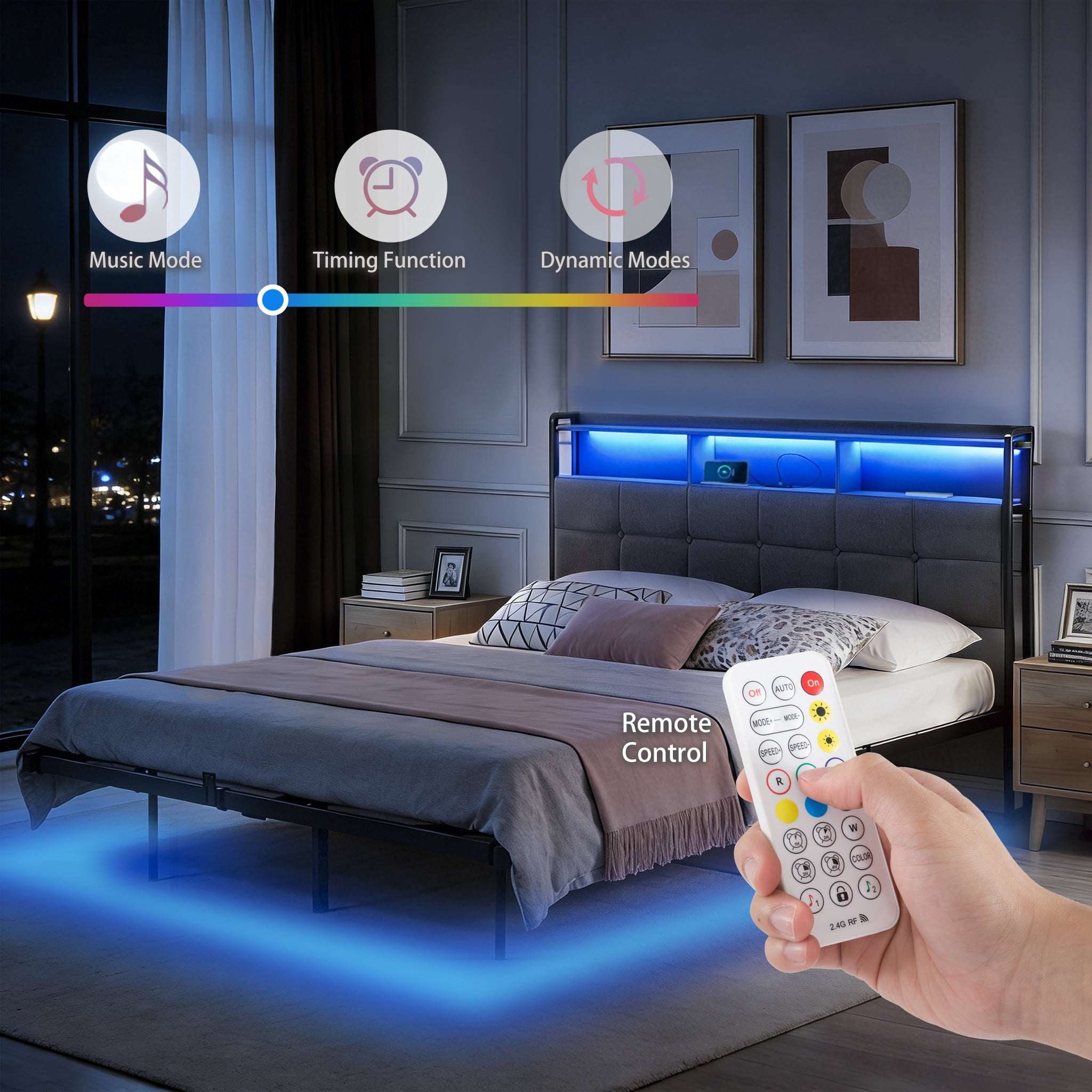 Gewnee Queen Size RGB LED Bed Frame with Charging Station, Shelf, Padded Headboard, Metal Platform, No Box Spring Needed for Bedroom, Gray