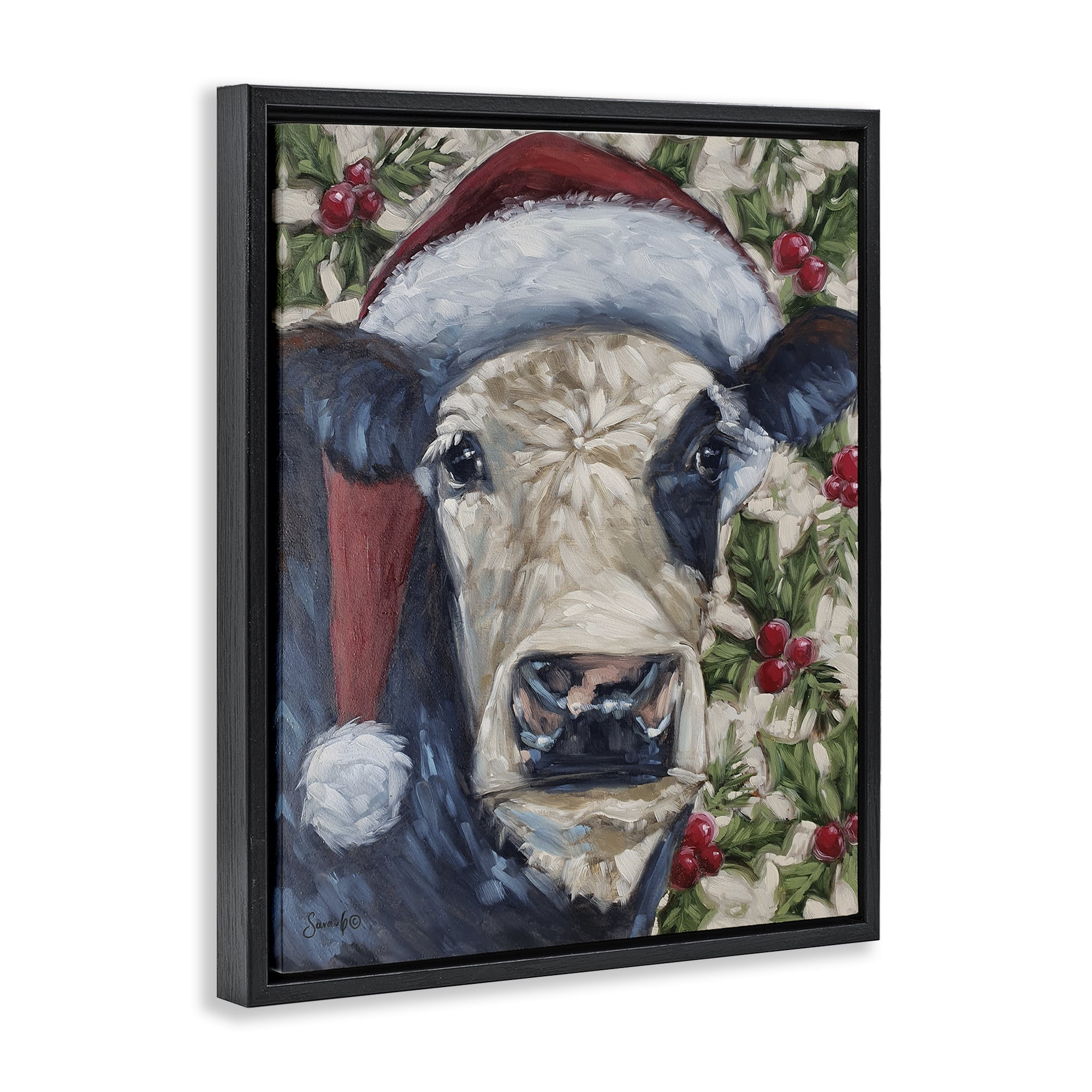 Stupell Industries Cow with Festive Holly Holiday Painting Black Floater Framed Art Print Wall Art, 17 x 21