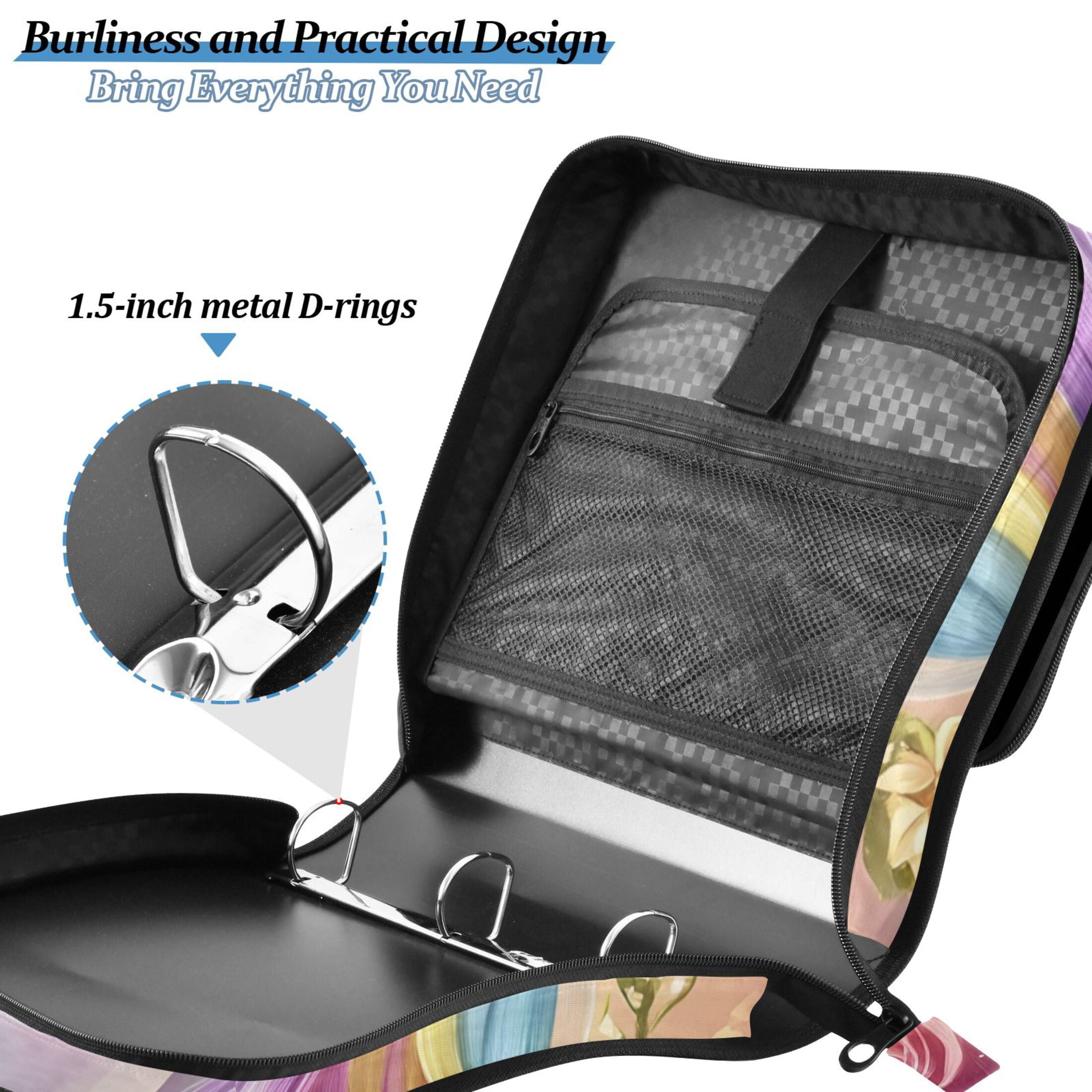 3 Ring Zipper Binder with Shoulder Strap Waterproof Trapper Keeper 2 Inch D-Ring 500 Sheets Capacity Colorful Cute Unicorn and Flower