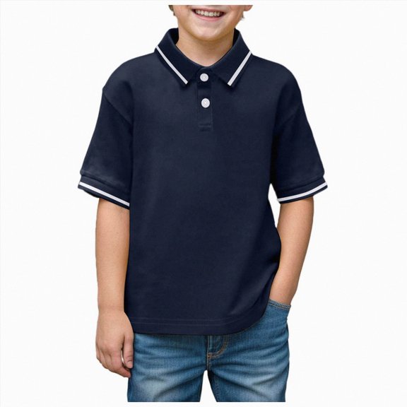 WUANDIXFA Boys Dress Shirt Solid Color Button Up Collared Short Sleeve Shirt Summer School Boys Wedding Shirt Boys Party Shirt,Navy,6-7 Years
