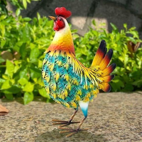 Rooster Statue for Home Garden Yard Decor, Outdoor Chicken Statues with Stand and Feeding Cage, Animal Figurines