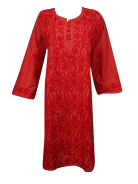 Mogul Women's Beautiful Red Cotton Tunics Floral Embroidered Long Sleeves Tunic Cover Up Dress S/M
