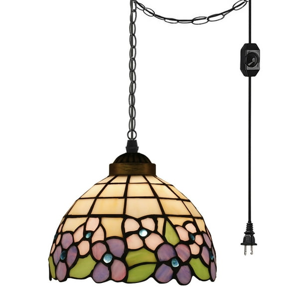 Kiven Plug in Pendant Light, Hanging Light with Yellow Glass Lampshade and 13ft Iron Chain, E26 Socket Tiffany Style Dimmable Pendant Light for Bedroom Foyer Hallway Kitchen Island