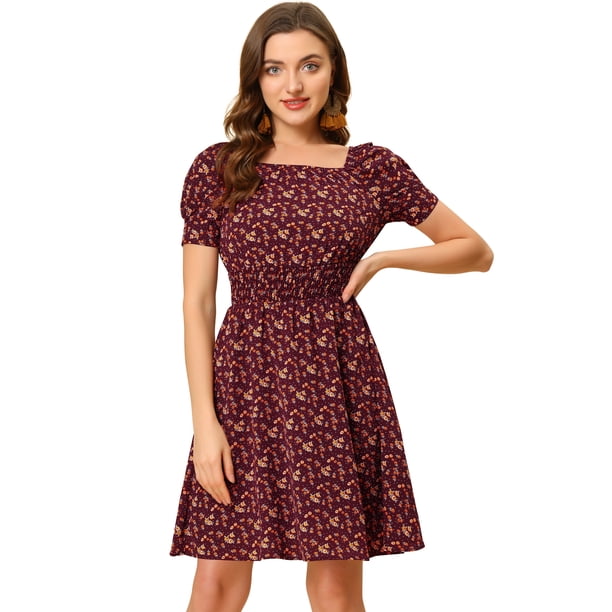 Allegra K Vestido De Mujer Con Lunares Florales, Cuello Cuadrado, Cintura Fruncida, Manga Farol Borgo?a XL