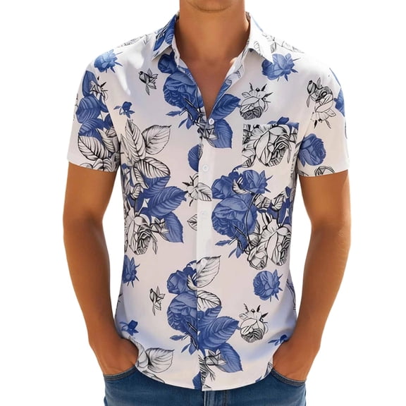 Telankuip Style Blue White Flower Print Shirts for Men Casual Loose Fit Short Sleeve Button down Shirt with Open Collar 2026 Thin Breathable Summer Beach Wear Blue XL