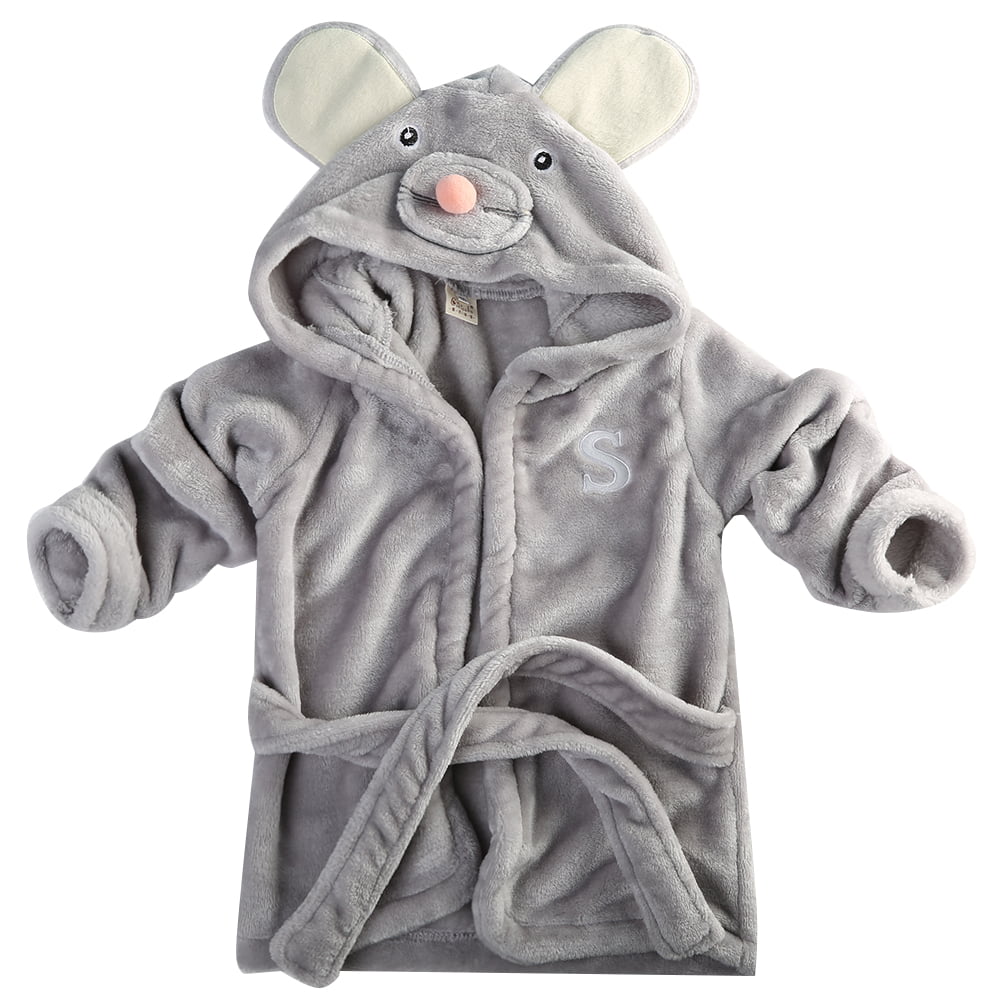 Gray Mouse, 1-2Y Infant Baby Boys Girls Cartoon Animal Bathrobe Coral Velvet Hooded Towel Bath Robe Long Sleeve Pajamas Clothes