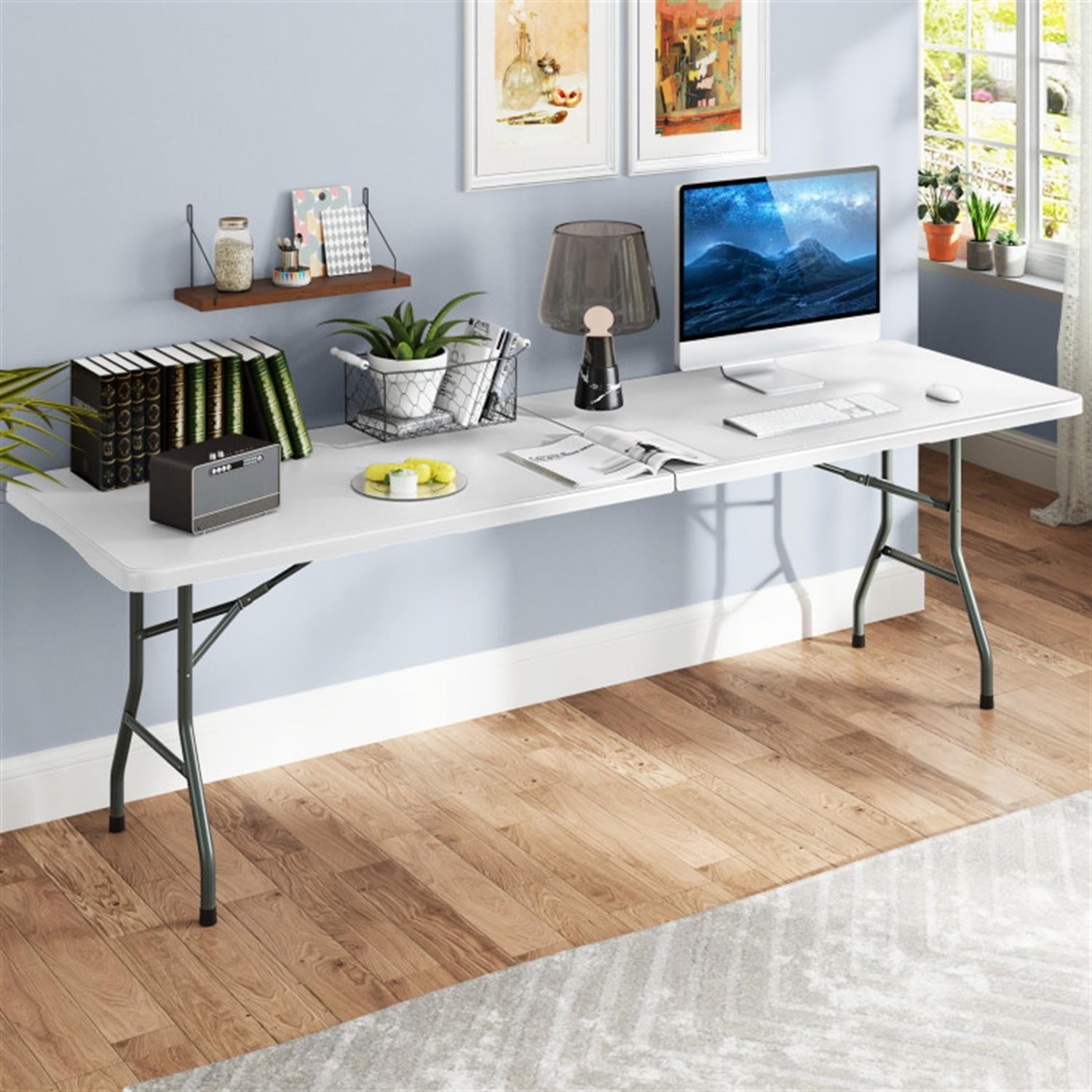 Demi Bonn 8 ft Portable Folding Table 350S Fold-in-Half Table with HDPE Tabletop fordoor Outdoor, Plastic Dining Picnic Party Camping Table, White