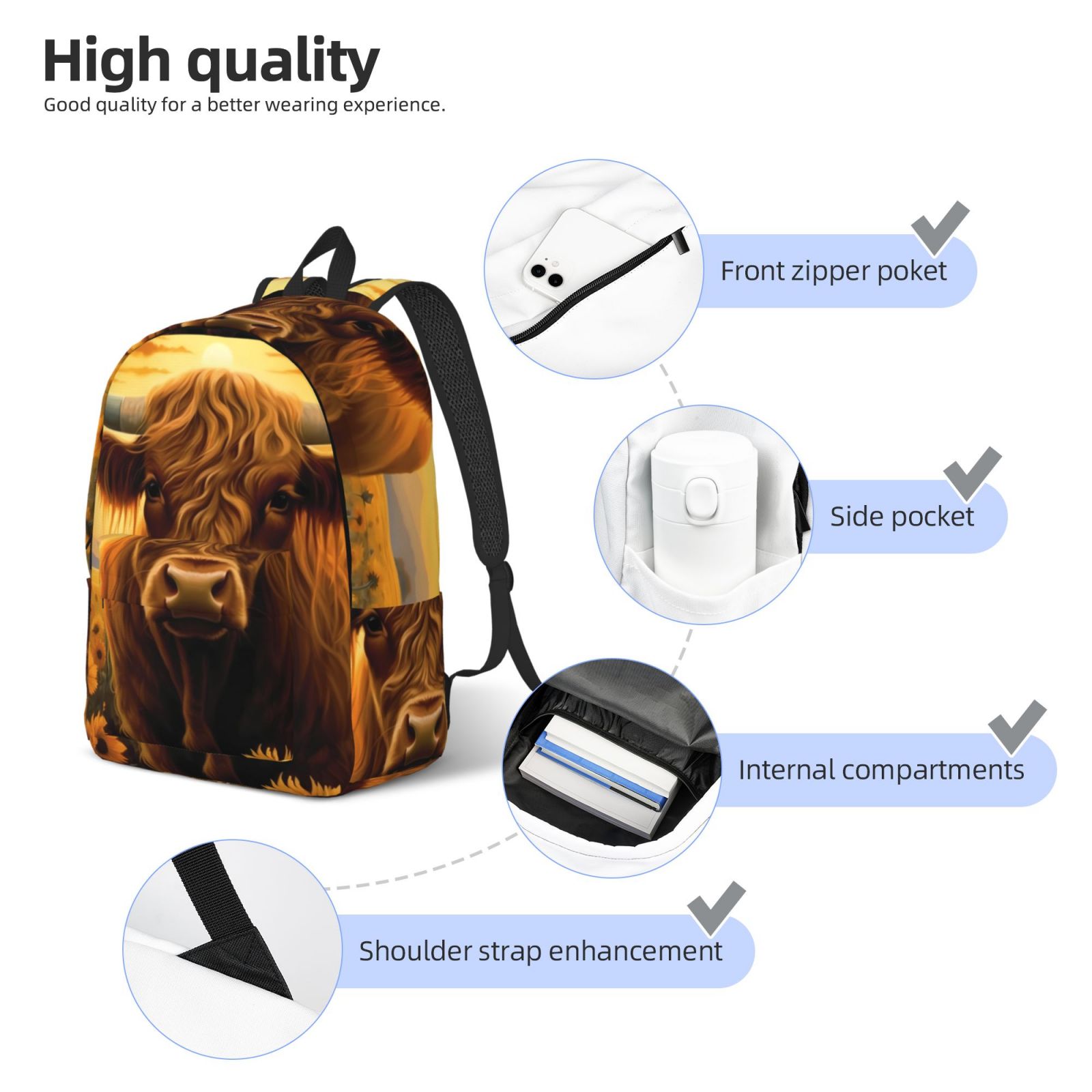 Vsdgher Sunset Sunflower Cow A Print Canvas Backpack Travel Rucksack Unisex Knapsack 15.7/17.7Inch Laptop Backpack for Work,College -Medium
