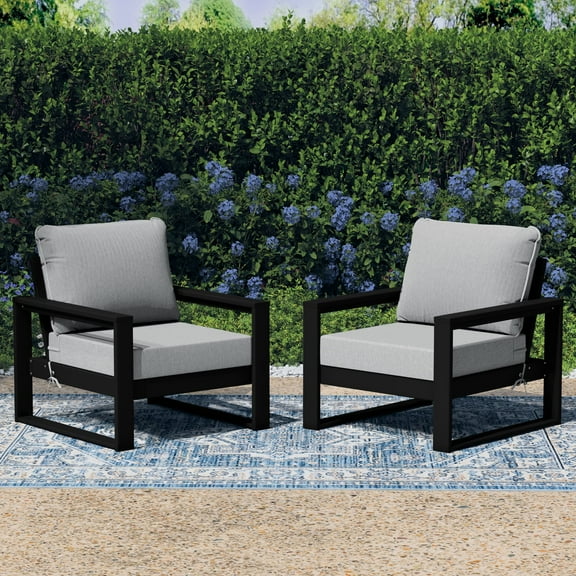 WestinTrends Montara Outdoor Modern HDPE Patio Club Chair with Waterproof Deep Seat Cushions (Set of 2), Black/Light Gray