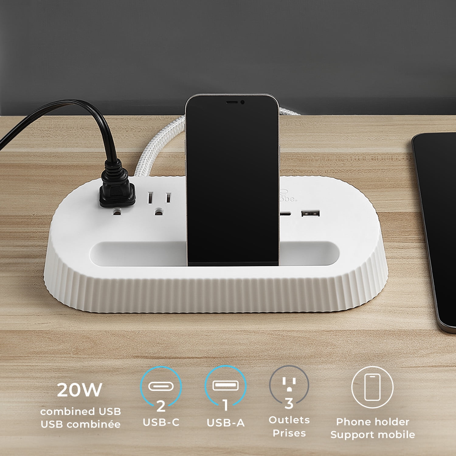 Globe Electric 3-Outlet White Desktop Charger and Phone Holder with 1x USB-A Port and 2x USB-C Ports