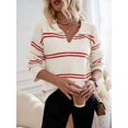 thumbnail image 6 of Women'S Casual Striped Long Sleeve V Neck Lightweights Pullover Sweater Loose Fit Drop Shoulder Knitted Shirt Tops Red S, 6 of 8