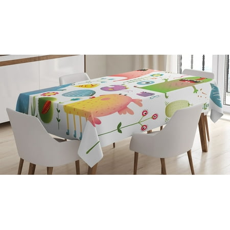 

Funny Decor Tablecloth Imaginary Creatures Fun Colorful Childish Monsters with Flowers Artwork Print Rectangular Table Cover for Dining Room Kitchen 52 X 70 Inches Green Blue by Ambesonne