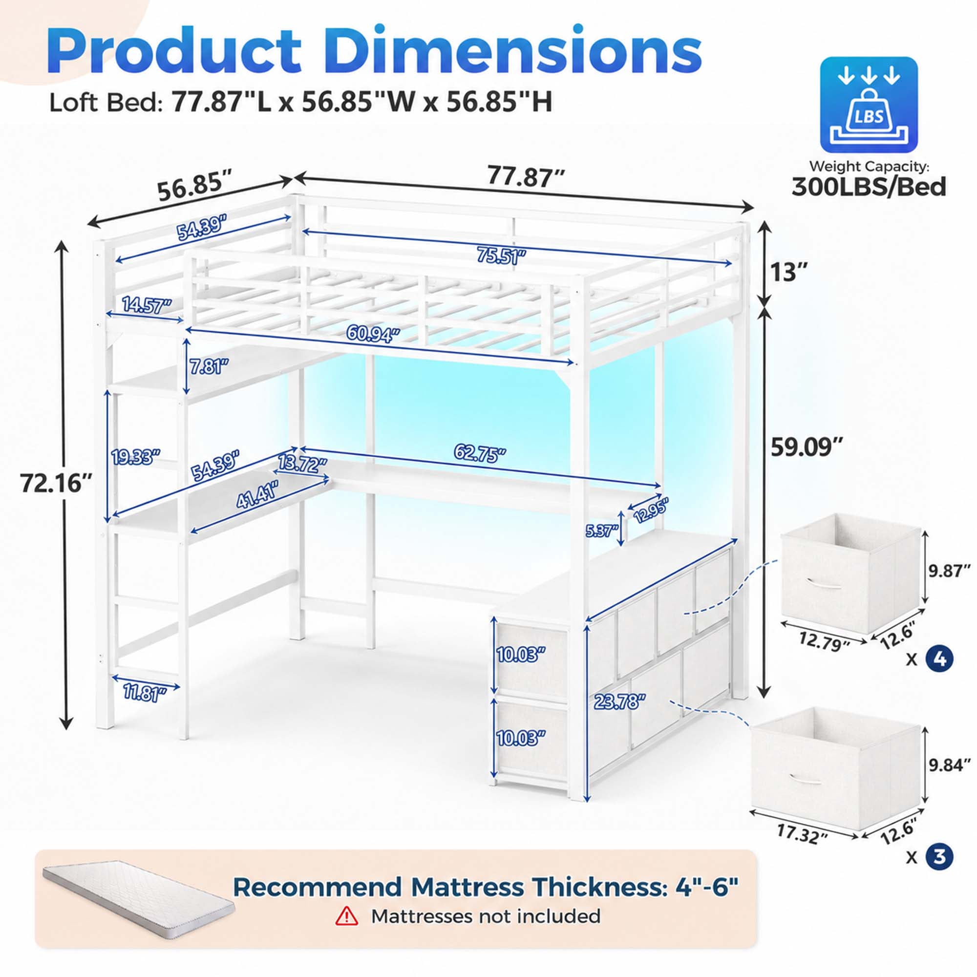 Miniyam Full Size Metal Loft Bed with Desk, 7 Drawers, LED & Charging Station, White