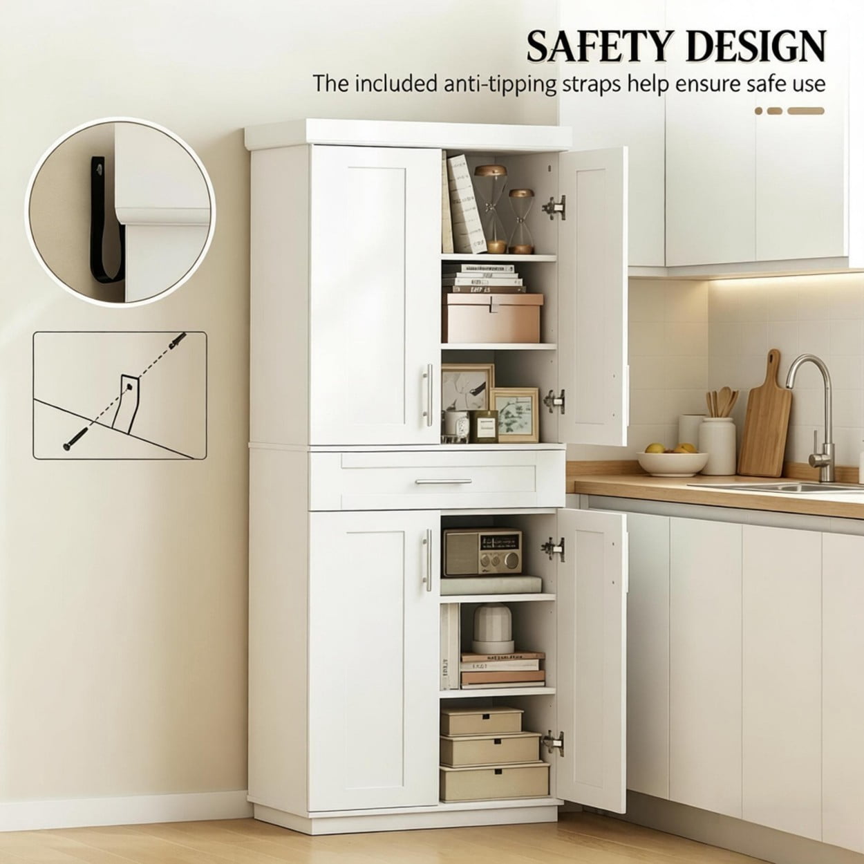 72" Tall Kitchen Pantry Cabinet with Drawer & Adjustable Shelves, Freestanding Storage Cabinet with Doors, Modern Farmhouse Cupboard Organizer for Kitchen Dining Room Living Room, White