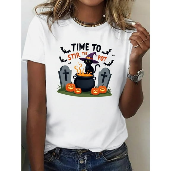 Time To Stir Pot Graphic Tee Womens Halloween Design Cat Witch Bat Comfort Cotton T-Shirt White S-5XL