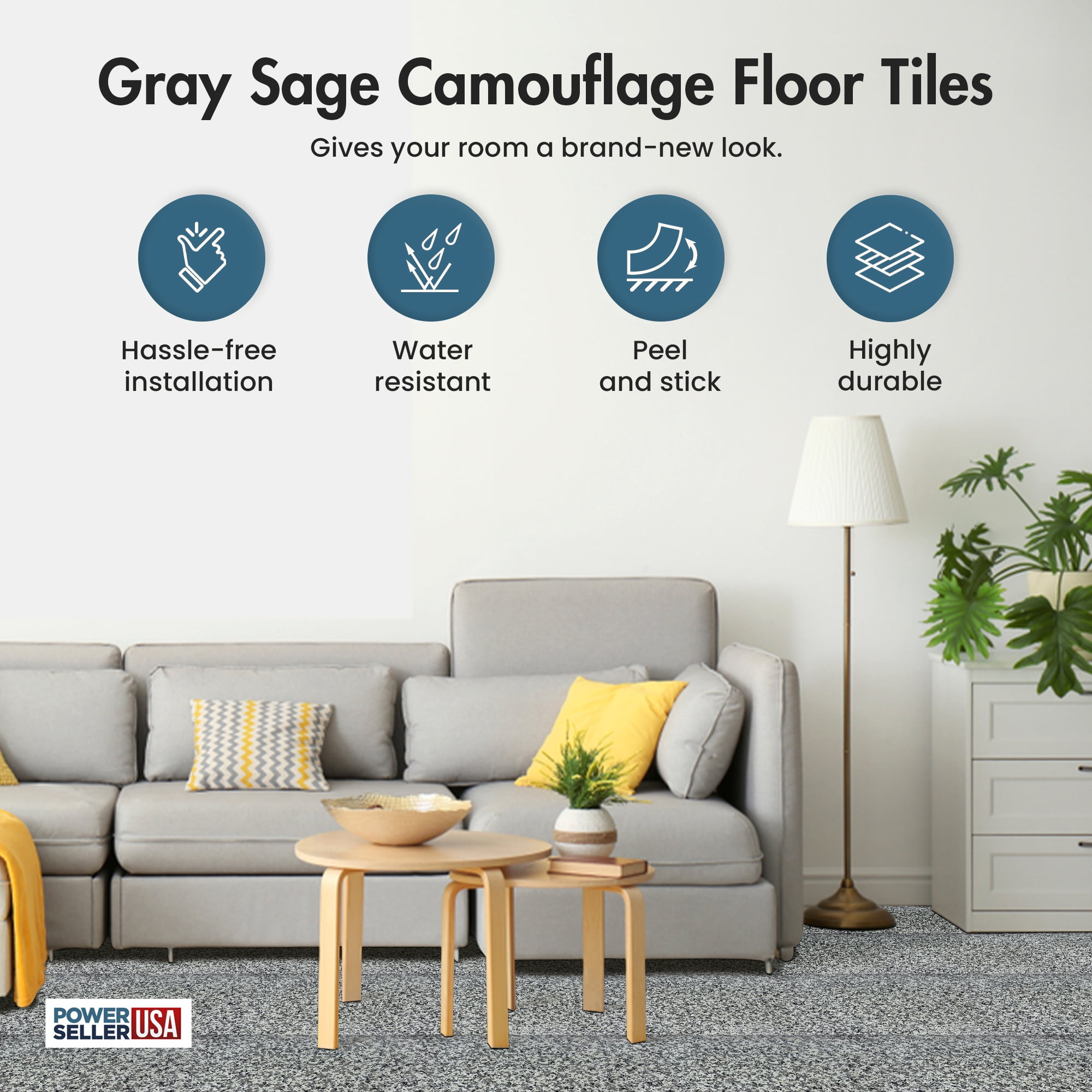 PowerSellerUSA Vinyl Self Adhesive Floor Tiles,100 Pcs 12" x 12" with 1.2mm Thick Contemporary Modern Design Peel and Stick Floor Tile Sticker, Square Flooring Tiles for Kitchen, Gray Green Camouflage