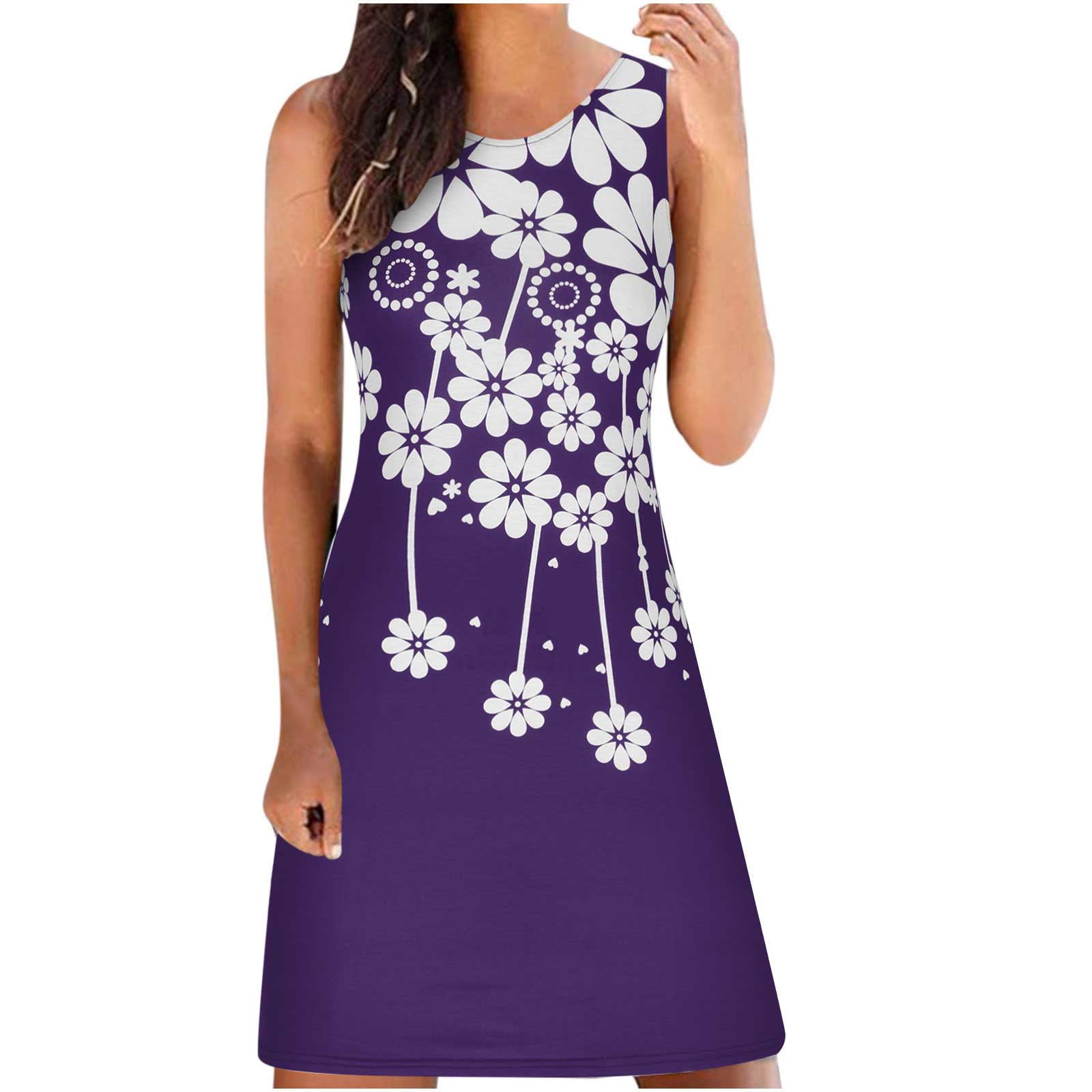 VSSSJ Summer Dresses for Women Casual Crew Neck Sleeveless Short Dress