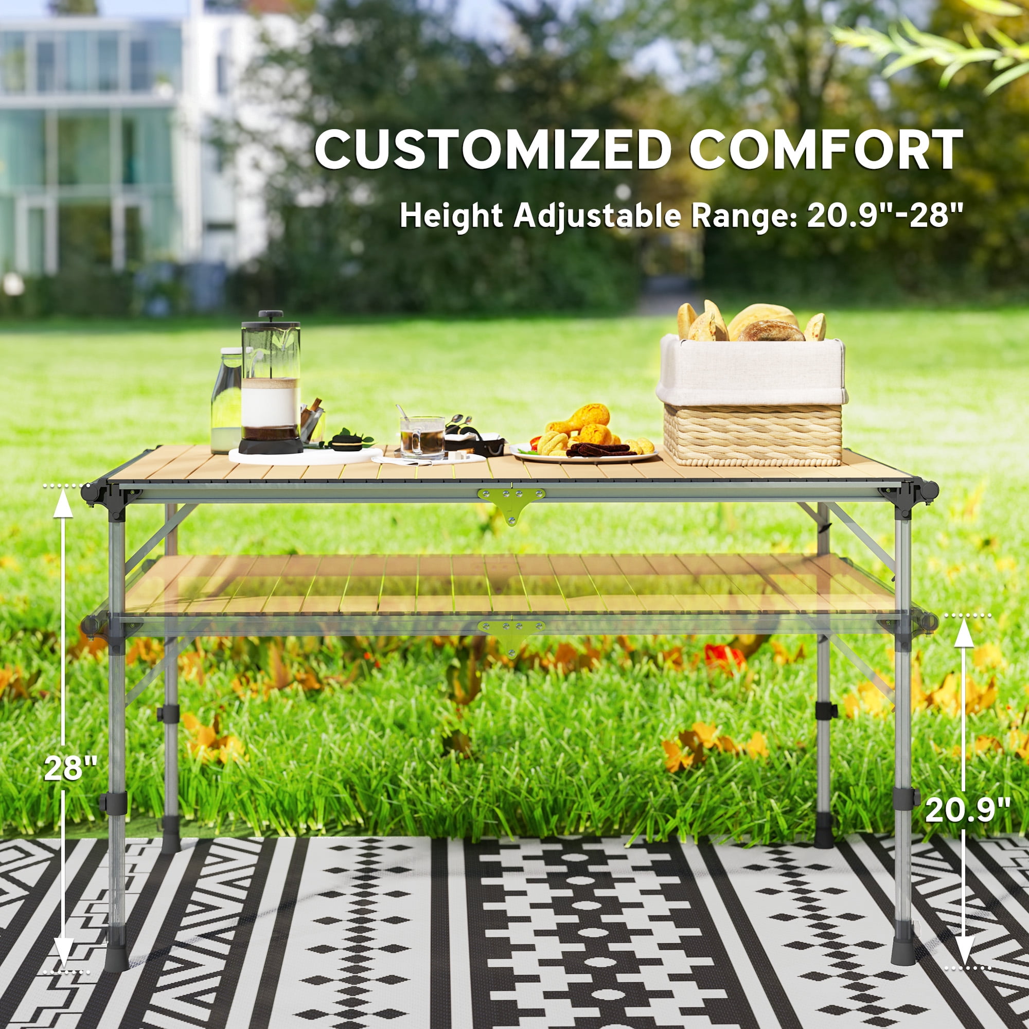 Adjustable Height Aluminum Picnic Table, Light Brown Anodized Rust-Free Portable Folding Table for Outdoor Dining Cooking Workstation, Supports 66 lbs