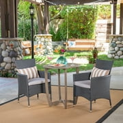 Hailee Outdoor 3 Piece Wood and Wicker Bistro Set with Cushions, Gray, Gray, Silver