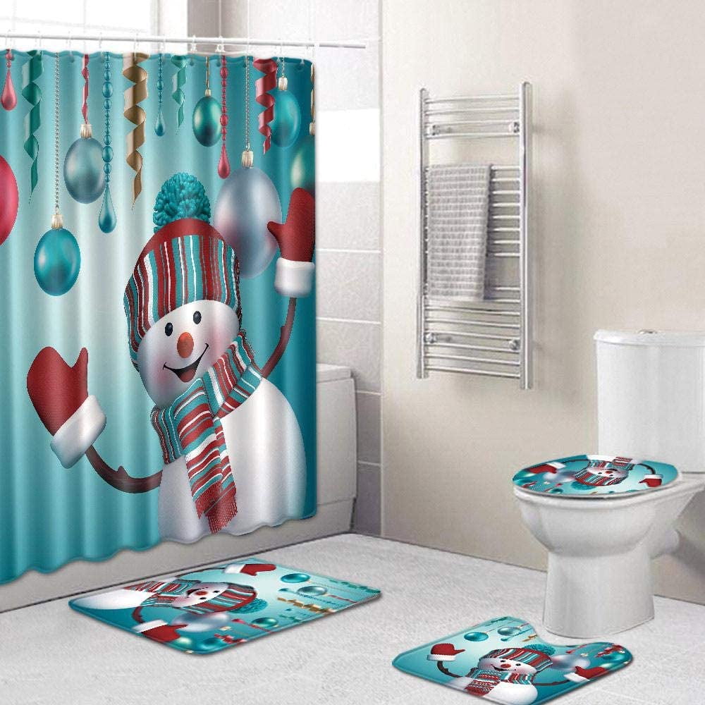 4Pcs Christmas Waterproof Bathroom Shower Curtain Bath Mat Xmas Lid Toilet Cover 
