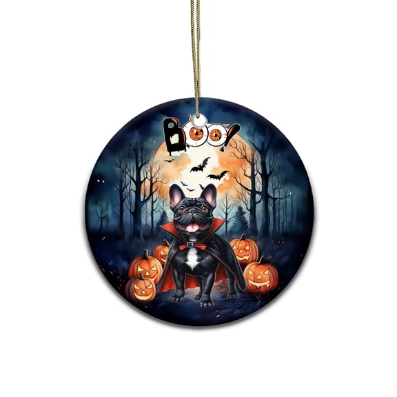 Happy Halloween Vampire French Bulldog BOO with Pumpkins Fun and Spooky Ceramic Round Ornament Dog Lover Gifts Home Tree Decor - 00018
