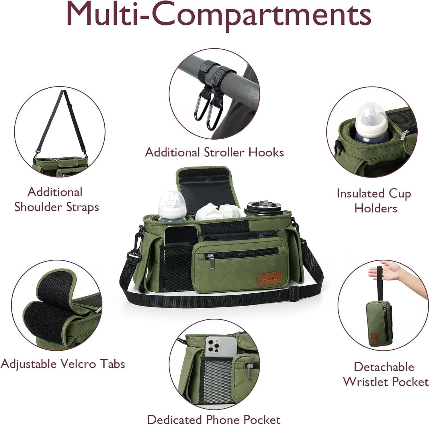 Momcozy Universal Stroller Organizer with Insulated Cup Holder for Newborn & Toddler, Deep Green