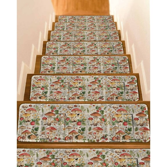 Mushroom Stair Treads for Wooden Steps Indoor Runner Rug Carpet, Pastoral Summer Botanical Watercolor Spring Floral 4 Pieces Peel and Stick Staircase Step Treads Covers Washable Door Mats 30"x8"