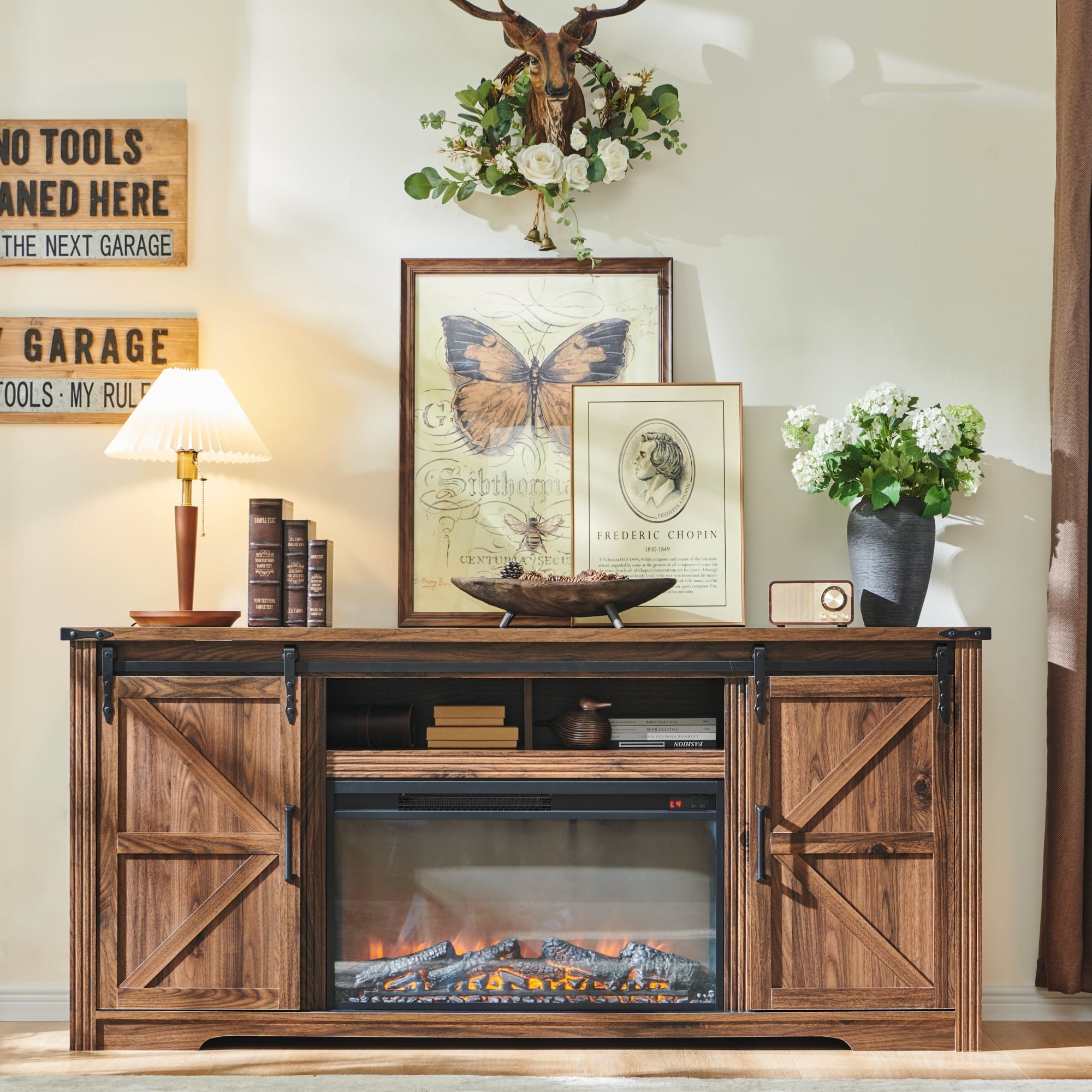 T4TREAM Farmhouse TV Stand for TVs up to 80", Entertainment Center with 30" Electric Fireplace and Sliding Barn Door&4 Drawers Storage Inside, Reclaimed Barnwood