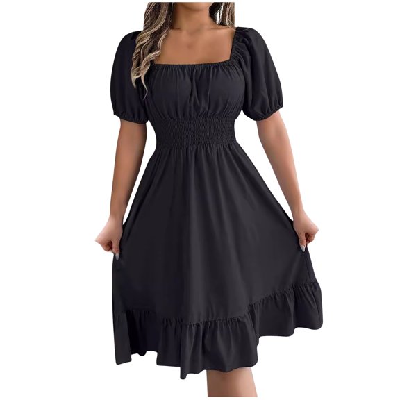 Rvkxad Women's Summer Dresses Clearance Under $10 Square Neck Ruffle Short Lantern Sleeve Dresses Elegant Casual A-Line Elastic Waist Loose Flowy Dress Black