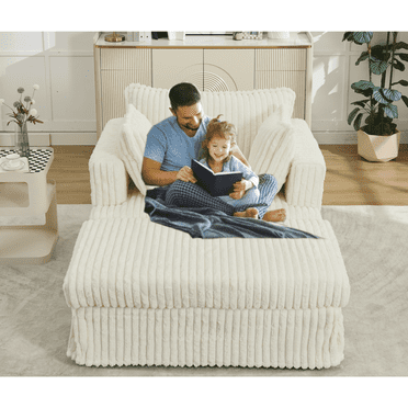 Newboti Furniture 47.7" Oversized Corduroy Chaise Longue With Ottoman, Deep Seat Reclining Chair Sofa, Comfy Thicked Upholstered Pad Chair, With Foot Stool, Oversize, Movable Ottoman, Beige 0606