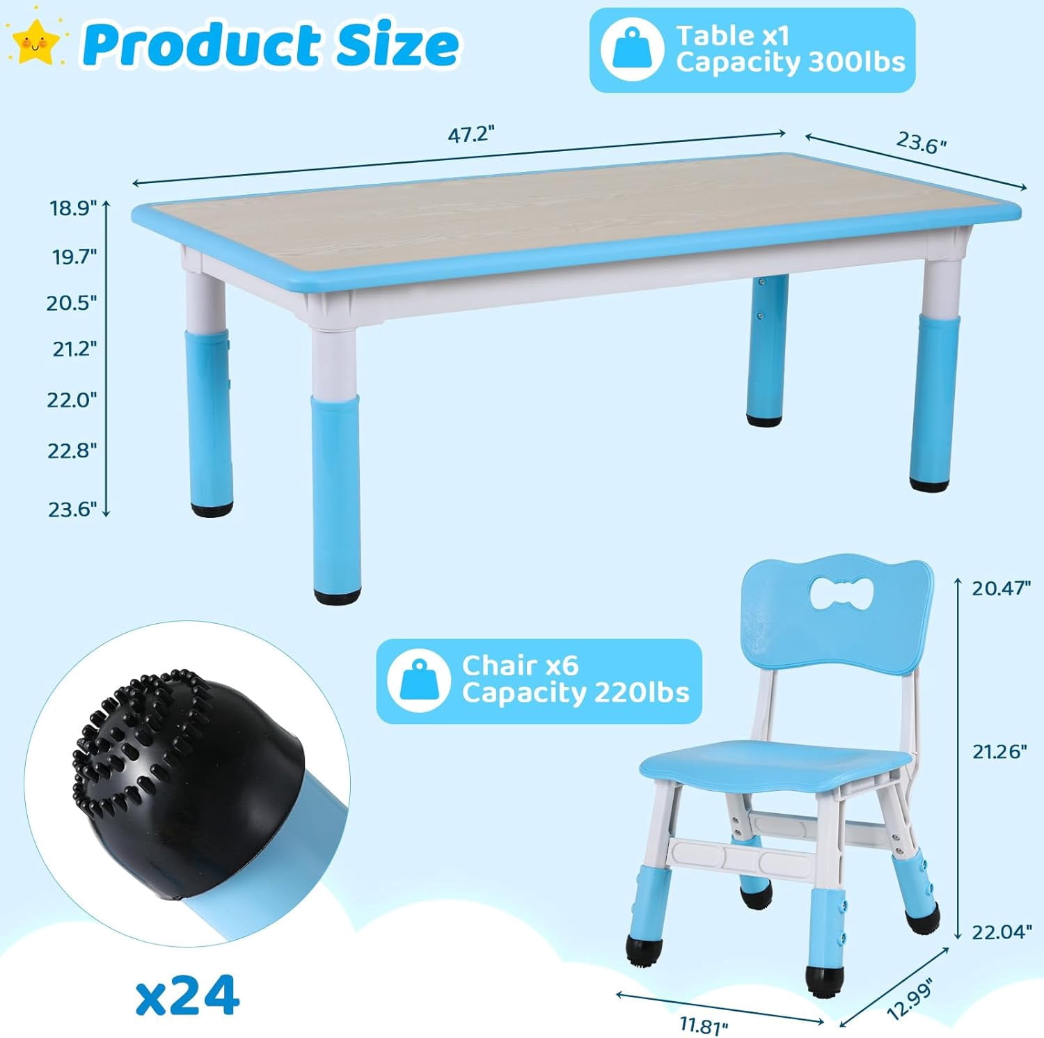 Pirecart Kids Table and 6 Chairs Set for Ages 2-10, Height Adjustable Children Arts & Crafts Table with Graffiti Desktop, Blue