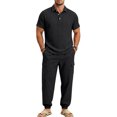 thumbnail image 2 of hotojiny Mens Summer 2 Piece Set Button Collared Short Sleeve Golf Shirt Cinch Bottoms Cargo Pants Walking Casual Outfits(Black,X-Large), 2 of 7