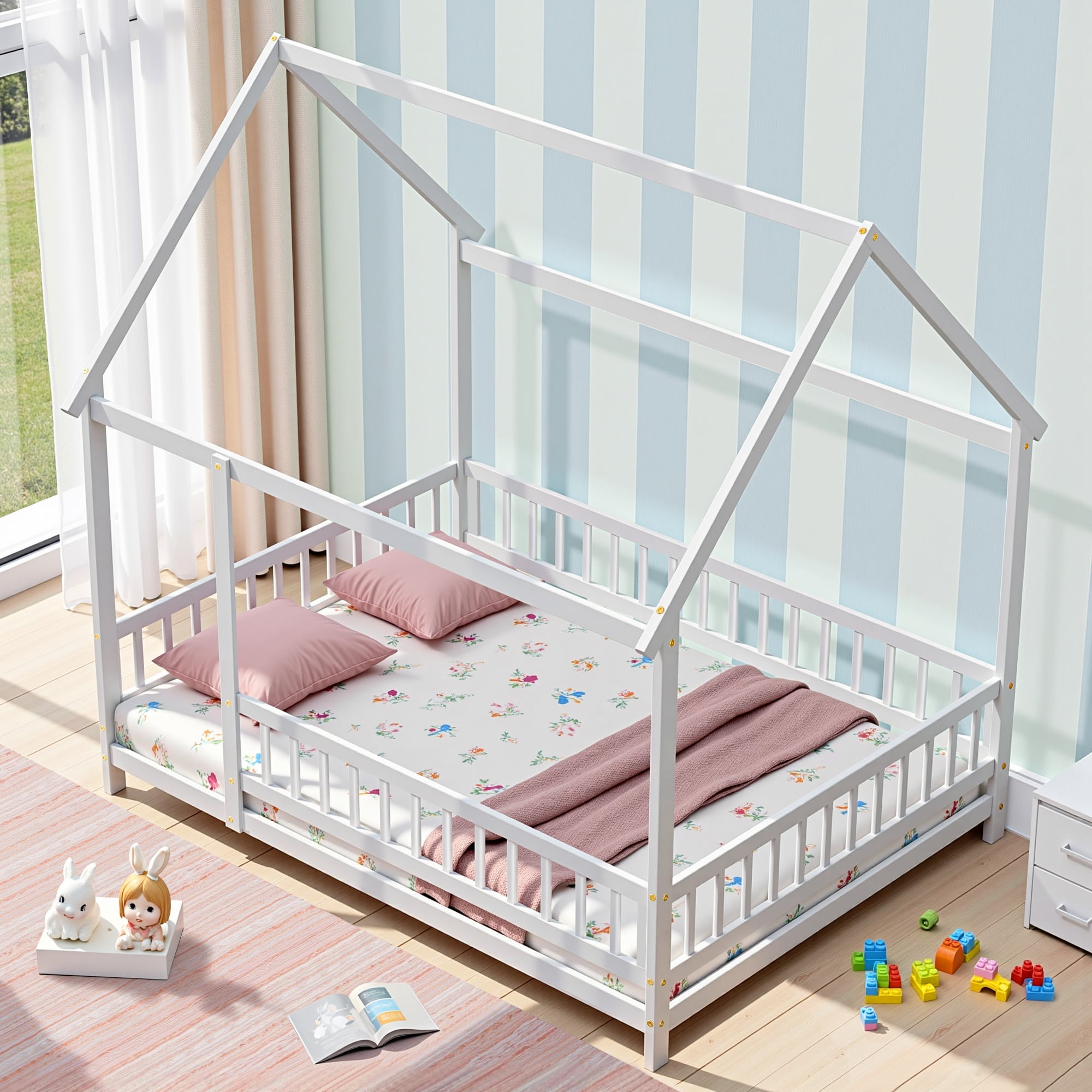 Full Size Floor Bed with Fence Guardrails for Kids, Montessori Bed Playhouse Bed with Roof, No Slats Included (White)