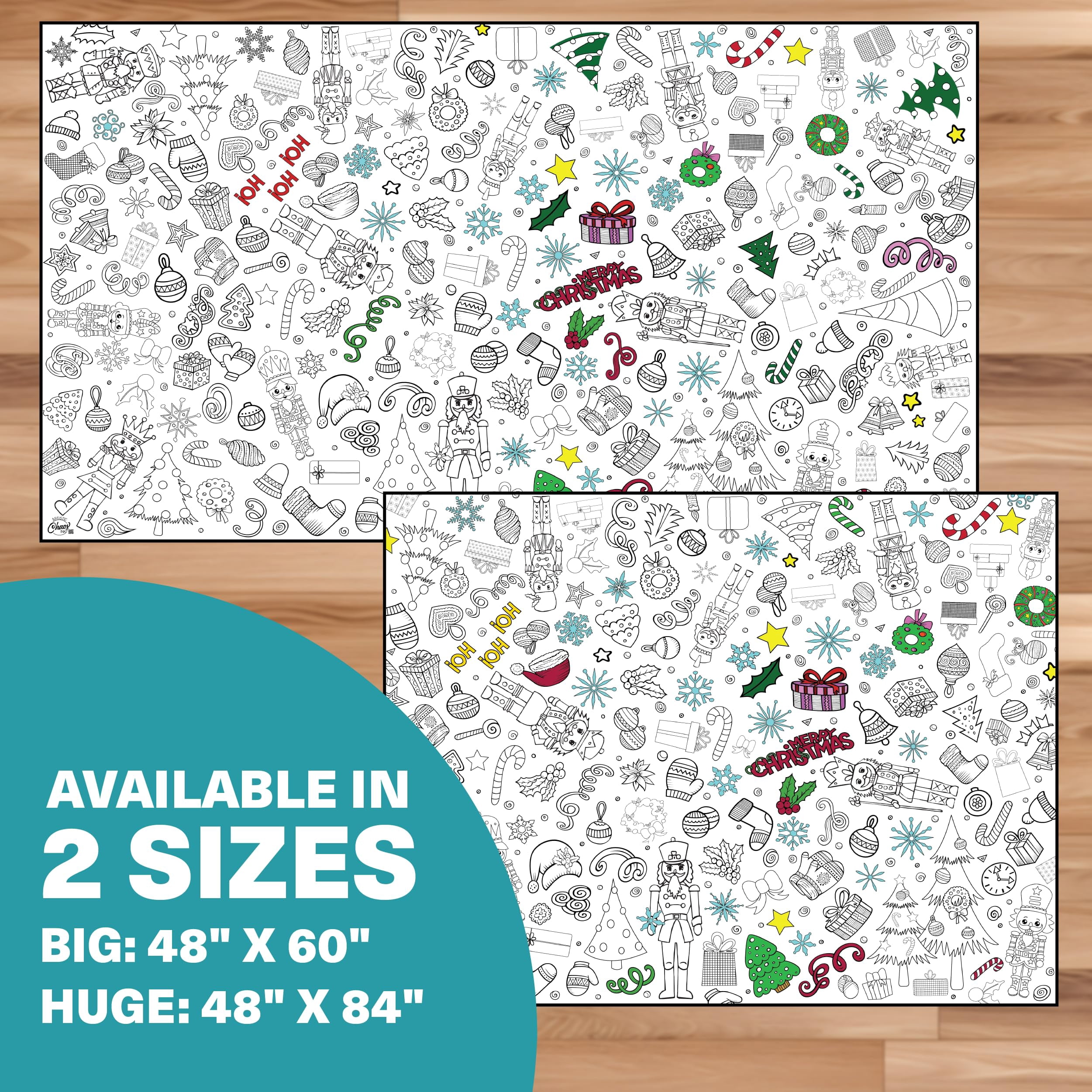 Fabric Reusable Coloring Tablecloth - Washable Coloring Mat for Kids and Adults, Giant Coloring Poster with Bleed-Resistant Lining, Sewn Edges, and Fun Designs (Christmas, 48"x84")