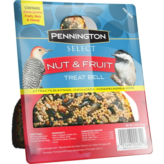 Pennington Nut and Fruit Treat Bell, Wild Bird Feed and Bird Seeds, 15 oz., Dry, 1 Pack