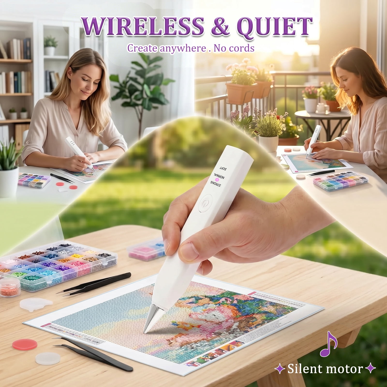 Electric Diamond Painting Pen Kit Cordless USB-C Rechargeable Diamond Art Tool with Vacuum Pickup No Wax for DIY Craft Lovers (White)