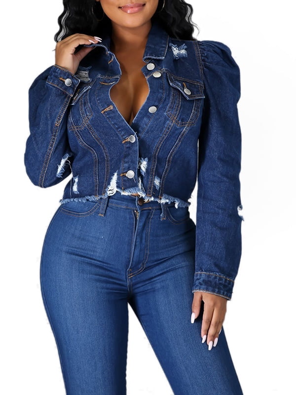 cropped denim jacket puff shoulders
