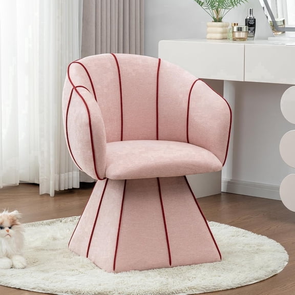 Swivel Accent Chair, 360° Cute Vanity Chair with Curved Back – Small Pink Barrel Chair in Soft Cotton Fabric for Bedroom or Living Room (Pink,Set of 1)