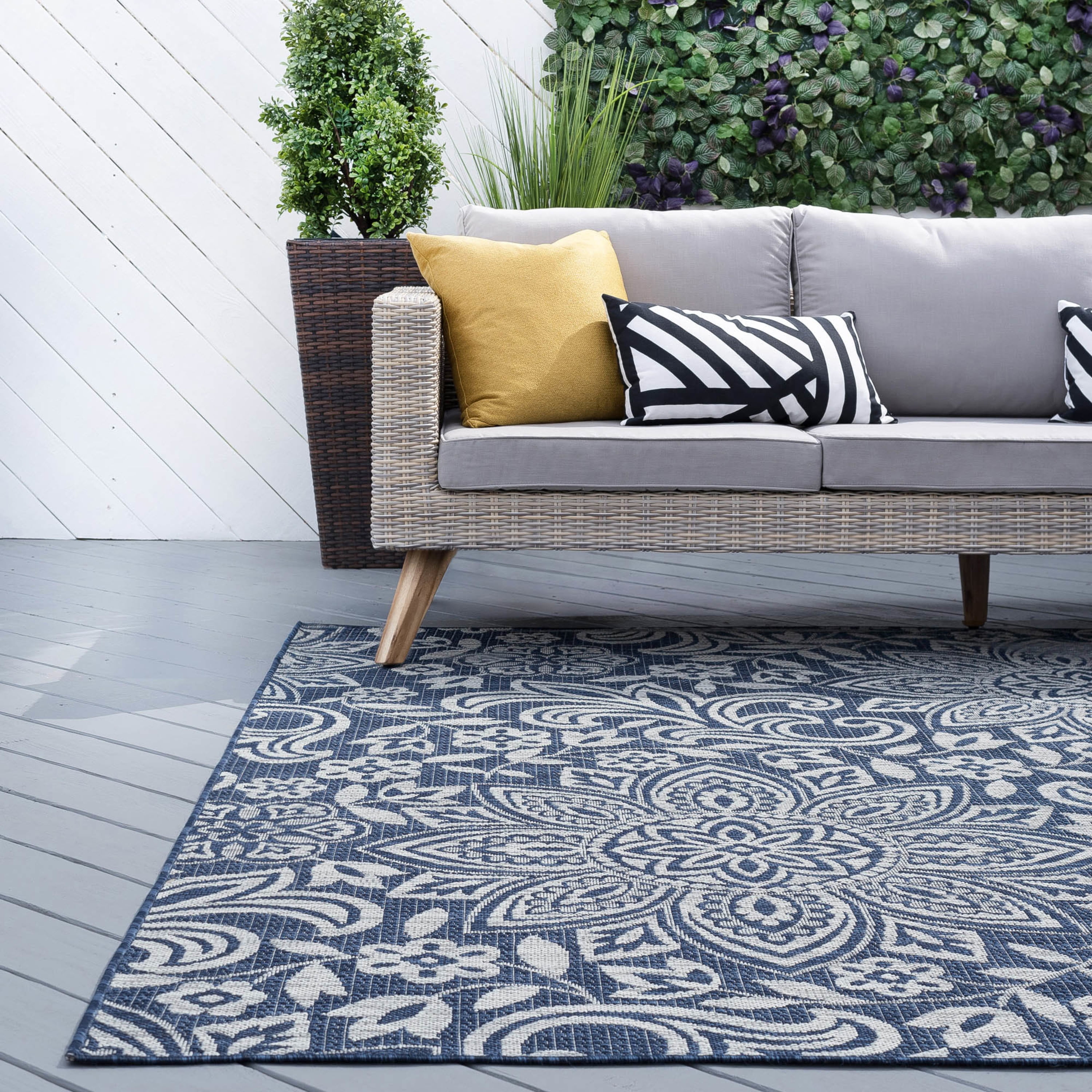 Bliss Rugs Floral Large Indoor Outdoor Area Rug for Patio, Porch, Garden | Navy and Light Gray, 5'3''x7'3''