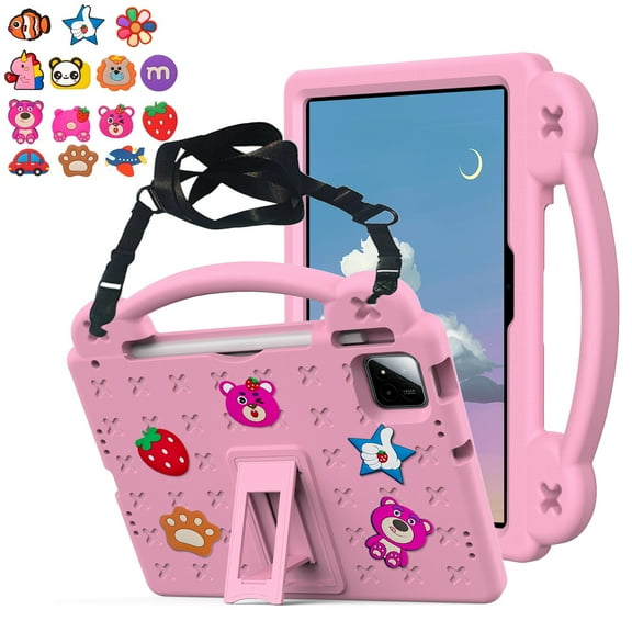 Dteck Kids Case for Walmart onn. 11" Tablet Pro 2024 Model (100146660), EVA Shockproof Cover with Shoulder Strap Stand Handle, Fun DIY Figures Accessories for Onn 11" Tablet Pro 2024,Pink