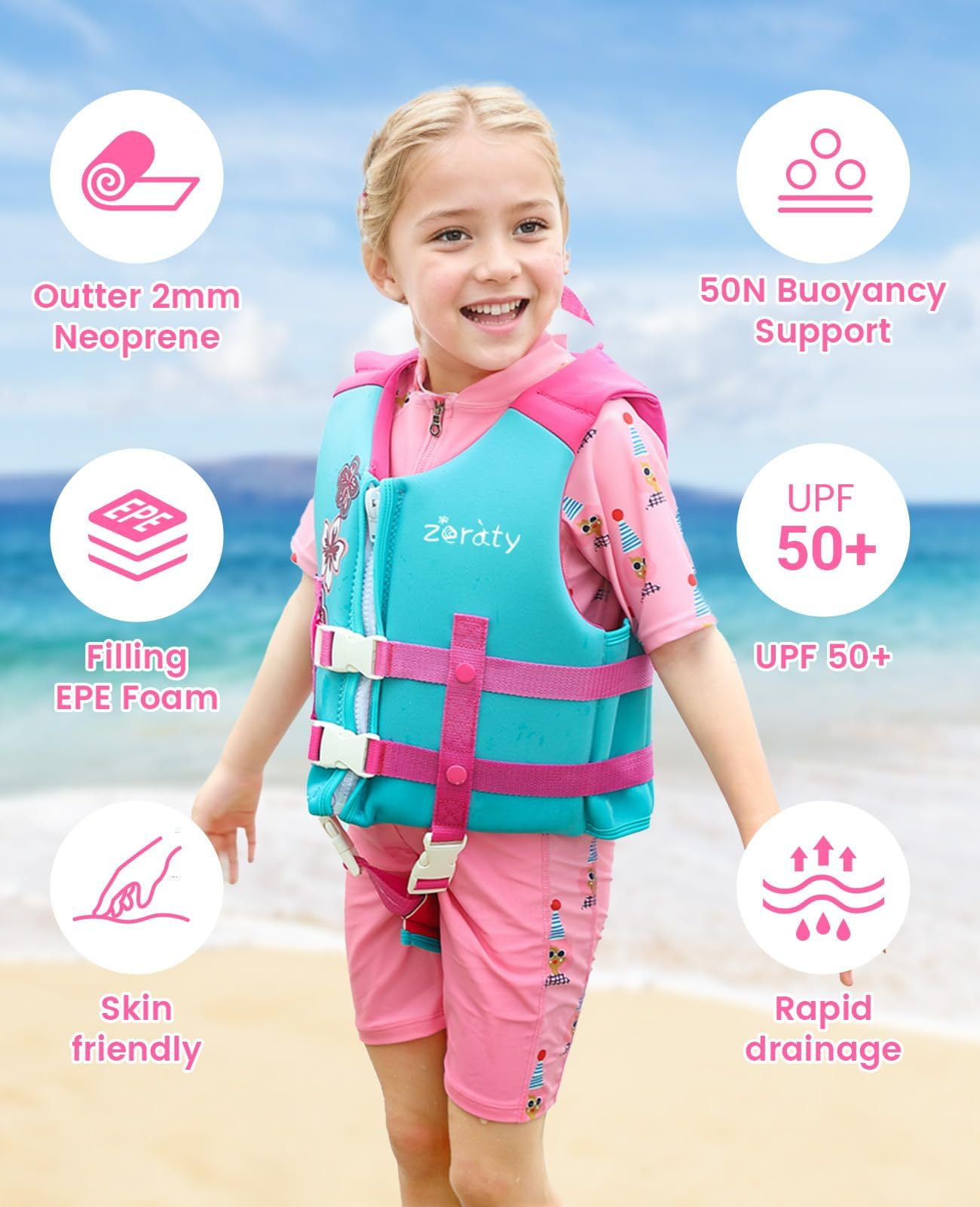 Zeraty Kids UV Resistant Sun Protection UV50 Adjustable Safety Strap Life Jacket, Pink