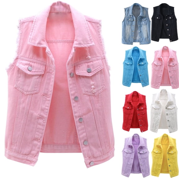 gakvbuo Denim Vest For Women Slim Fit Sleeveless Cropped Coat Casual Basic Button Jean Vest Jacket Outerwear with Chest Pockets