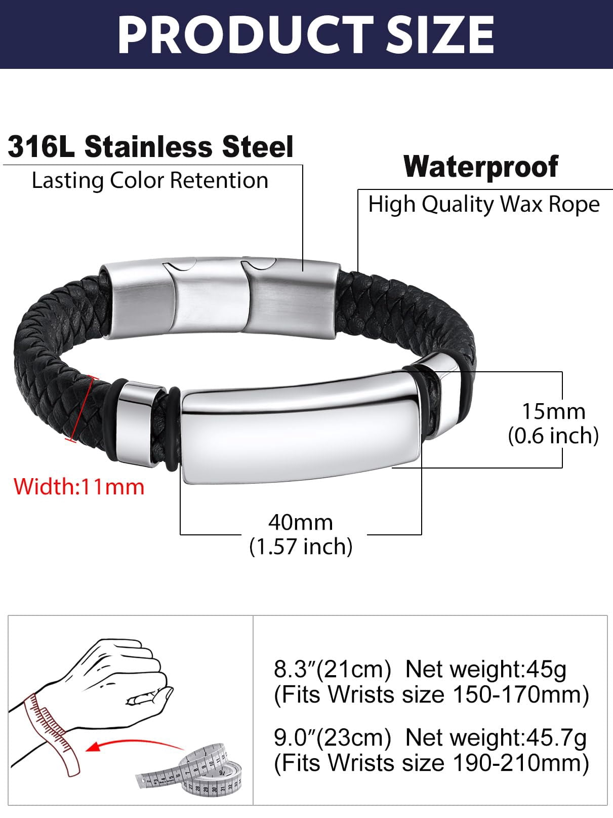 Bandmax Men's ID Bar Cuff Bracelet Black Wax Rope Chunky Wristband Braided Bracelet with Adjustable Buckle Birthday Father Day Gift for Dad Son Husband Grandpa