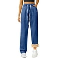 thumbnail image 3 of Women's Fleece Lined Stretch Denim Jeans, High Waist Elastic Drawstring Wide Leg Pants, Comfortable Straight Leg Trousers, Warm Winter Casual Wear, 2025 Fashion Dark Blue L, 3 of 10
