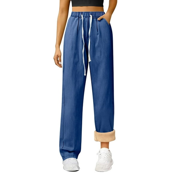 Women's Fleece Lined Stretch Denim Jeans, High Waist Elastic Drawstring Wide Leg Pants, Comfortable Straight Leg Trousers, Warm Winter Casual Wear, 2025 Fashion Dark Blue XXXL
