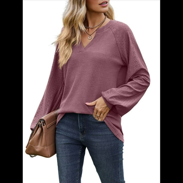 Camisetas de Larga para Mujer, Blusa con Escote en V Profundo, Elegantes e Informales, Moda 2025, Holgadas y Suaves, para Otoño e Invierno Rojo Ladrillo L